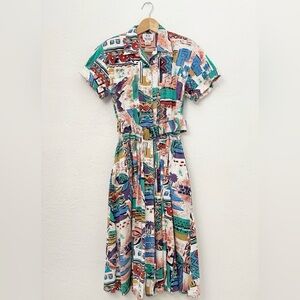 Vintage 80s Does 50s Together! 100% Cotton Fit and Flare Dress - Button Front